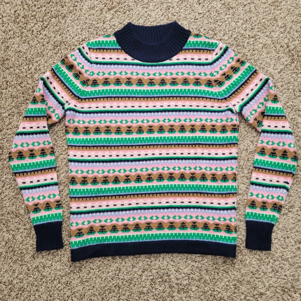 J. Crew Sweater Fair Isle Nordic Lambs Wool Blue Pink Green White Size Small